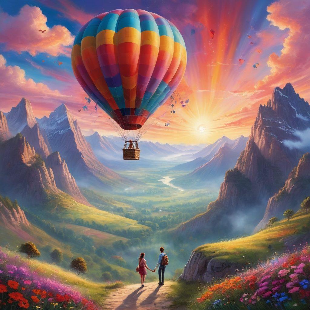 A whimsical scene depicting two adventurous lovers embarking on a hot air balloon ride above a dreamlike landscape, with vibrant mountains and colorful skies. They are surrounded by unique symbols of love like heart-shaped clouds and surreal flora. The couple gazes into each other’s eyes, radiating joy and spontaneity. A hint of magical sparkles in the air enhances the romantic atmosphere. vibrant colors. surreal art.