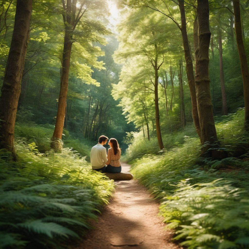 A couple embracing in a lush, serene forest, surrounded by towering trees and soft dappled sunlight filtering through the leaves. They are sharing a moment of laughter, with a small picnic set up at their feet, evoking a sense of intimacy and adventure. A winding path leads off into the distance, inviting exploration. super-realistic. vibrant colors. soft focus.