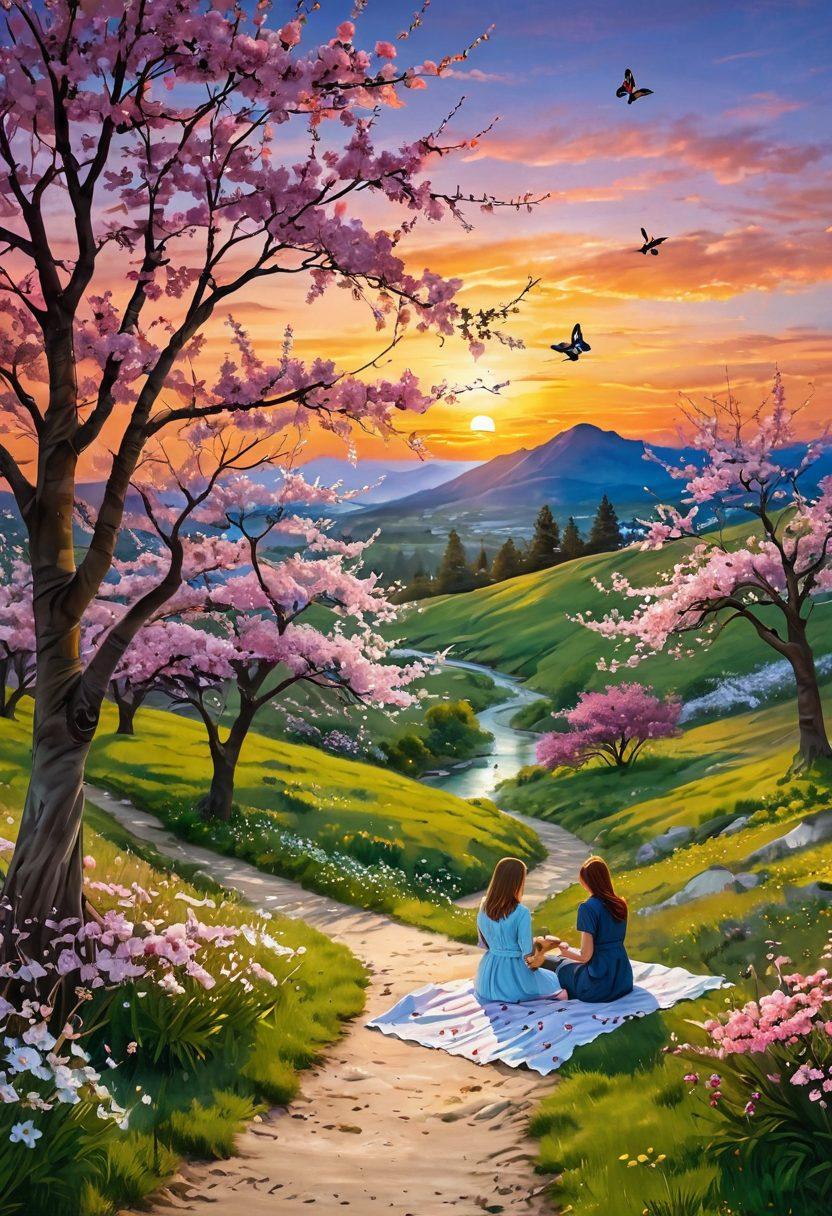A picturesque landscape with a winding path through vibrant wildflowers, leading to a cozy couples' picnic under a blooming cherry blossom tree. In the distance, a sunset casts a warm glow over the scene, symbolizing warmth and connection. The couple is sharing a tender moment, surrounded by whimsical butterflies and gentle hills, encapsulating the beauty of love in nature. super-realistic. vibrant colors. dreamy atmosphere.
